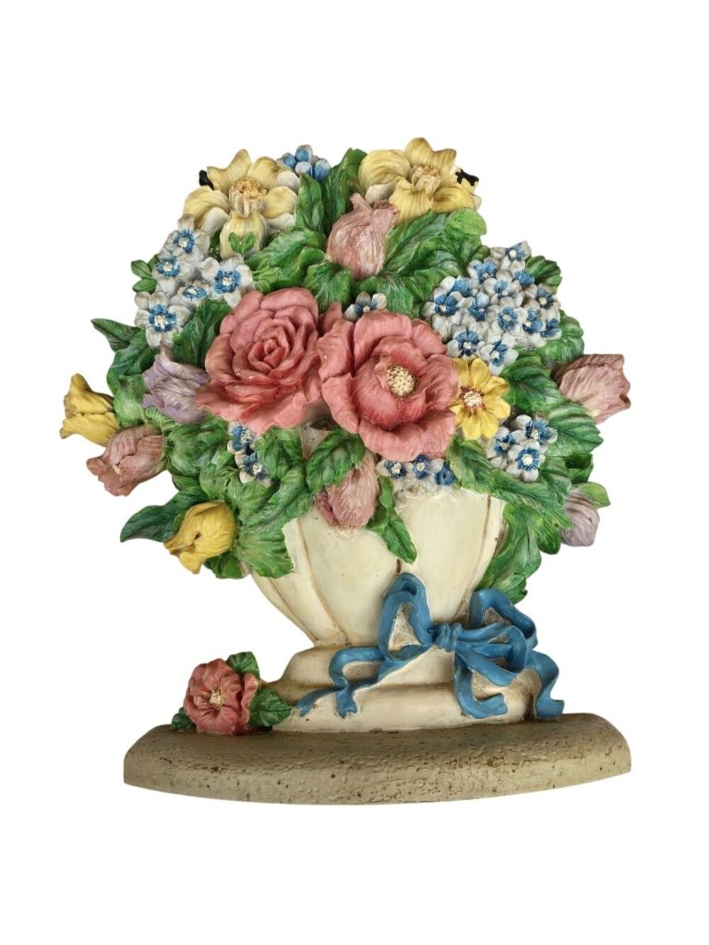 Vintage Flower Arrangement Doorstop Shabby Cottagecore Floral White Blue Ribbon